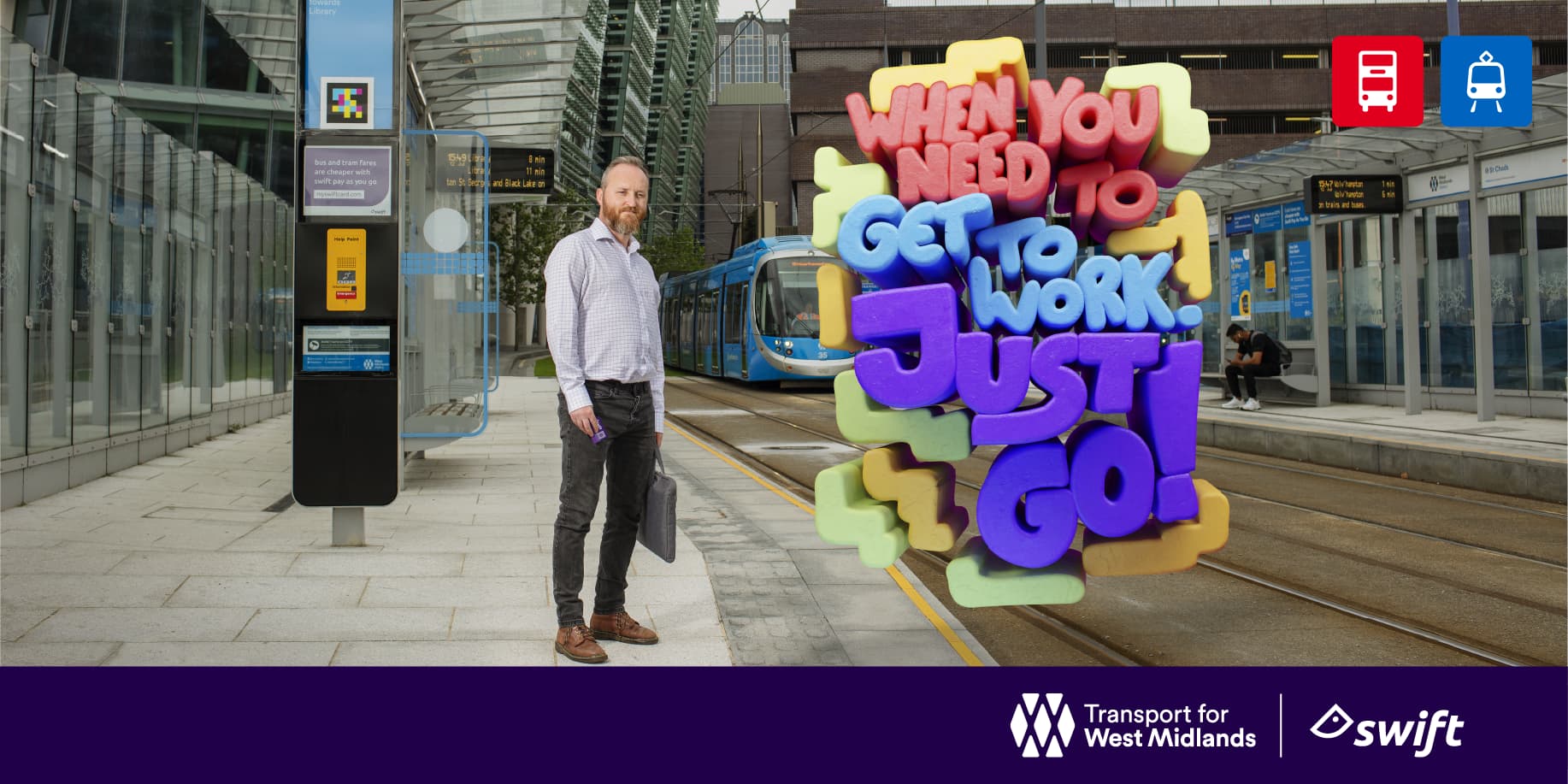Man standing at a tram station with a tram in the background. Text reads 'WHEN YOU NEED TO GET TO WORK JUST GO!' with transport service icons and logos for Transport for West Midlands and Swift